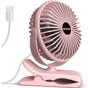 BESKAR Small Clip on Fan, 3 Speeds USB Fans with Strong Airflow, Clip & Desk Fans USB Plug in with Sturdy Clamp - Ultra Quiet operation Fan for Office Dorm Bedroom Stroller (Full Pink)