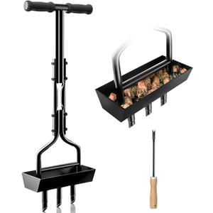 Lawn Aerator Garden Tool with Soil Core Tray, 38 Manual Grass Plug Aerators & A Cleaning Tool, Coring Aeration Tools with 3 Tines for Gardening, Soil Compaction, Lawn Yard Care, Patented Black