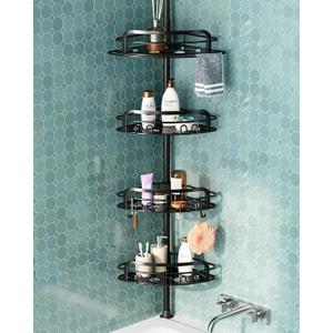 Corner Shower Caddy Tension Pole, 4-Tier Bathroom Organizer Shelves, Fast Installation Rustproof Adjustable Floor to Ceiling Standing Bath Rack Holder for Bathtub Shampoo Storage 37-113 Inches