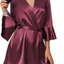 Ekouaer Women's Satin Robe Short Ruffle Hem Silky Robes Lightweight Kimono Brides Bathrobes Sleepwear S (Deep Red)