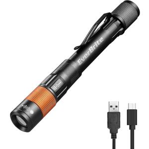 EverBrite Rechargeable Pen Light, 300 Lumens EDC Flashlight, Zoomable LED Pocket Flashlight with Clip, Memory Function and USB C Cable Included, for Camping, Emergency, Charcoal Black