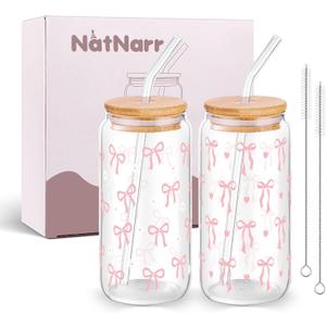 2 Pcs Cute Glass Cups with Lids and Straws, 16oz Coquette Pink Bow Iced Coffee Girly Preppy Design Tumbler Mug for Teen Girls Women Kids Bridesmaid Birthday Graduation Wedding Mothers Day Gifts
