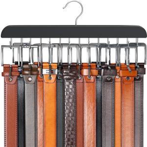 Belt Hanger for Closet Max 42 Belts, Sturdy Wood Belt Rack Closet Accessories with 14 Hooks Belt Organizer for Closet Organizers and Storage -Black 1 Pack