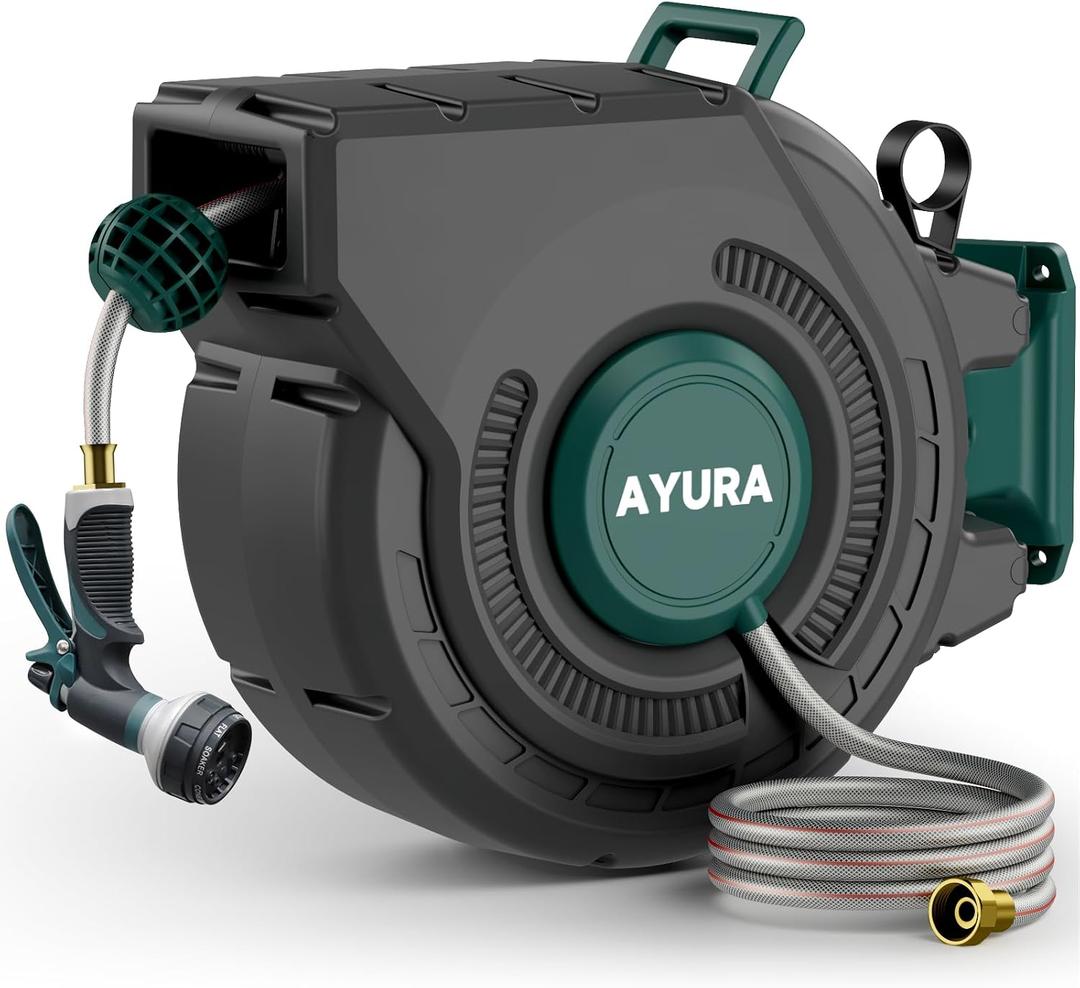 AYURA Retractable Garden Hose Reel 100 ft x 1/2 inch with Pro Metal Shaft, Heavy Duty Automatic Garden Hose Reels with Kink-Free Rewind and Lock at Any Length, Wall Mount Water Hose Reel for Outside (EXP 07/30/26)