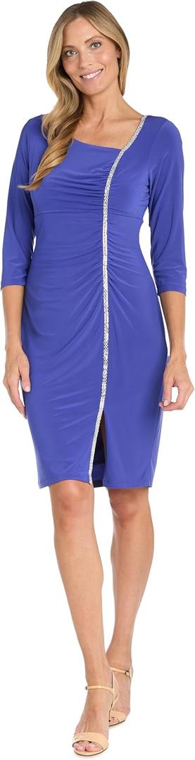 R&M Richards Elegant Knee Length 3/4 Sleeve Asymmetric Neckline Dress W/ & Rhinestone Trim & Slit (18 Plus, Violet)