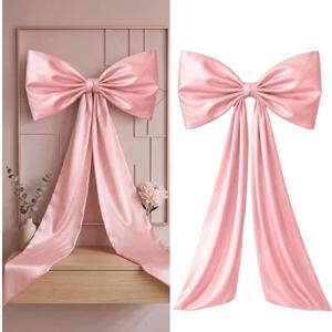 2 Pcs Large Pink Bows for Decoration 40x15" Pink Crib Bows Ribbon Coquette Double Layer Satin Silk Baby Crib Bedding for Nursery Baby Shower Curtain Tie Backs Bachelorette Wedding Decor