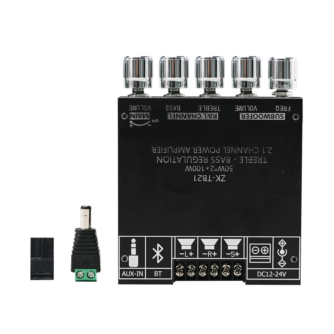Bluetooth Audio Amplifier Board, 2.1CH 50W x 2 +100W Subwoofer Power Amp with Treble and Bass Control,JR-TB21 Bluetooth5.0 and AUX Inputs, Stereo Digital AMP Module for DIY Home Speakers.