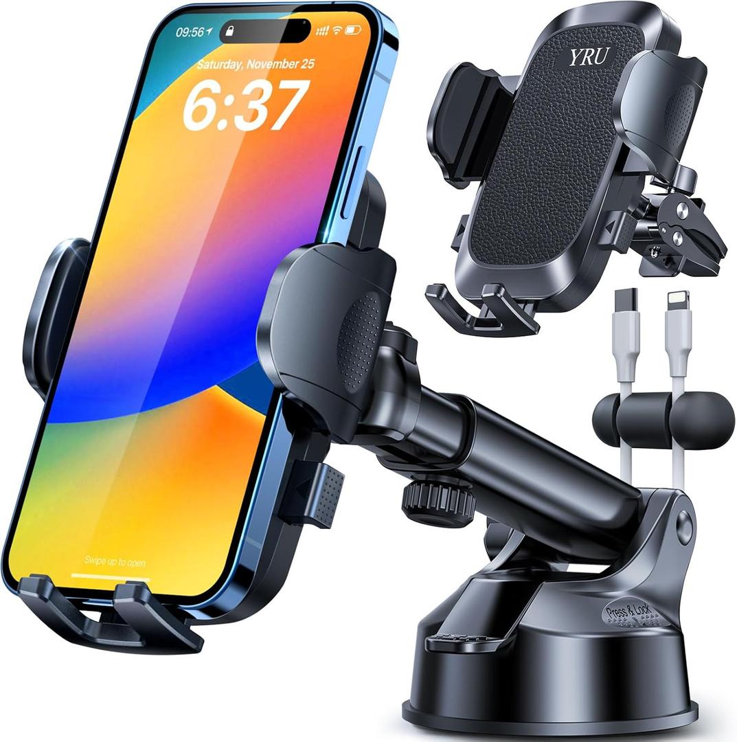 [2025 Upgrade 80LB+ Strong Suction]YRU Car Phone Holder Mount,[Bumpy Road Stable]Dashboard Cell Phone Holder for Car Air Vent Windshield Phone Stand for iPhone 16 15 14 13 Pro Max Samsung Truck, Black (Black)