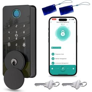 Keyless Entry Door Lock, Fingerprint Door Lock, Smart Door Lock with Keypad, Auto & One Touch Lock | Smart Locks for Front Door | Easy Installation | Exact Fingerprint | App Control | 12-Month Battery (Matte Black)