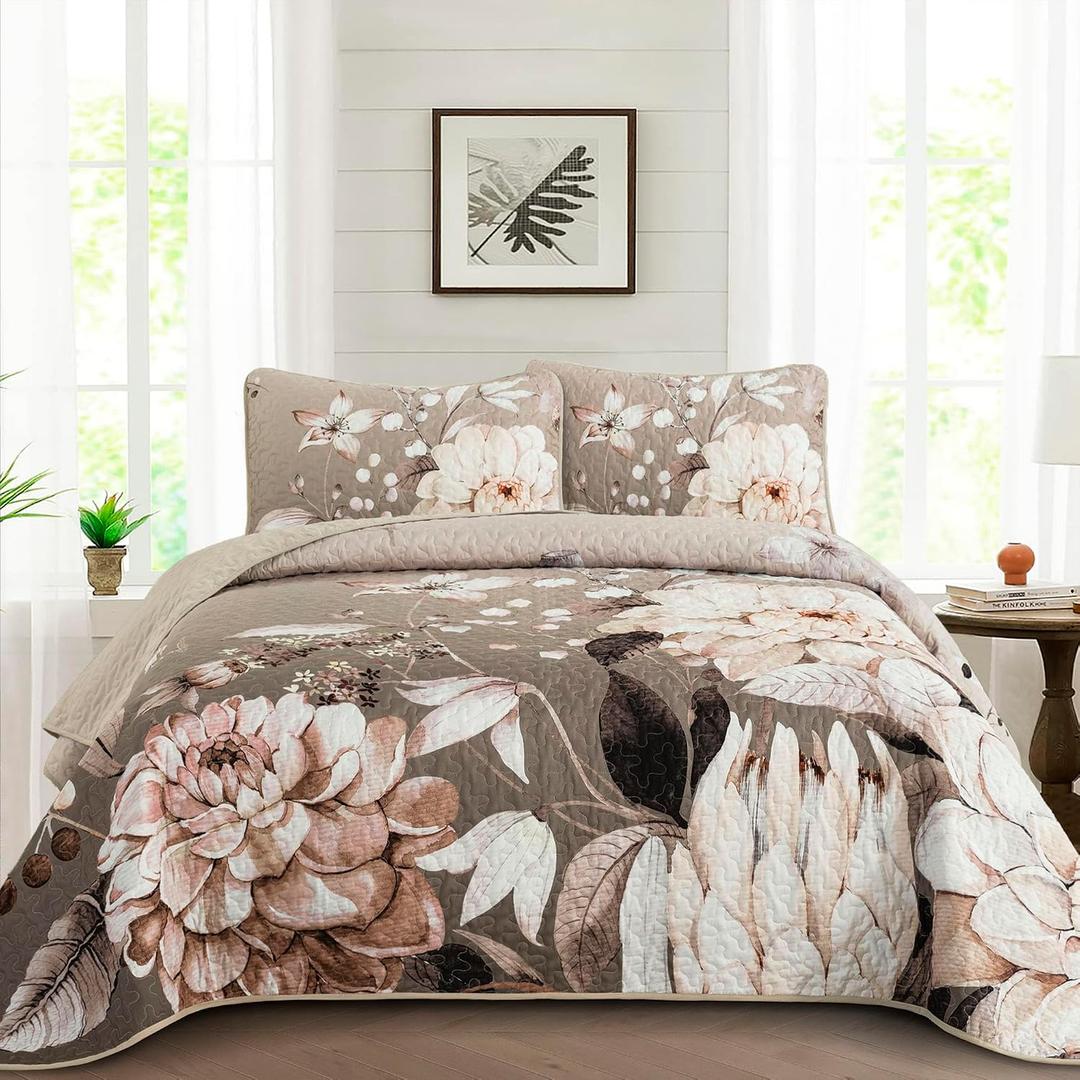 Drucon Floral Quilt King Size - 3 Pieces Brown Quilt Botanical Bedspread Soft Lightweight Flower Bedding Set for All Season (104"x90")