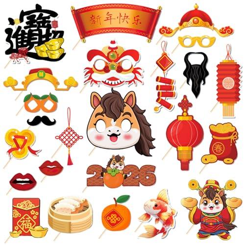 3 x 24PCS Chinese New Year Photo Booth Props,Chinese New Year Decoration 2026,Lunar New Year Decorations,Horse Year Paper Photo Props for Spring Festival Lunar New Year Present Game Party Supplies