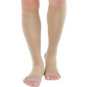 TOFLY Compression Stockings (Pair), Grade Firm Support 20-30mmHg, Opaque, Unisex, Open Toe Knee High Compression Socks for Varicose Veins, Edema, Shin Splints, Nursing, Travel, Beige M