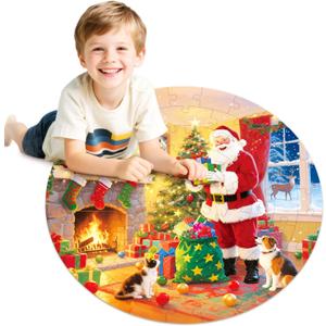 Christmas Puzzles for Kids Ages 3-5, 70 Piece 17.7x17.7 Inches Round Wooden Jigsaw Puzzle for 3 4 5 6 Year Old, Santa Claus Floor Puzzles for Kids Ages 4-8
