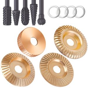 4PCS Wood Carving Disc Set+5PCS Rotary Burr Rasp Set,4" or 4 1/2" Angle Grinder with 7/8" Arbor,Grinding Wheel Shaping Discs for Wood Grinding,Wood Angle Grinder Accessories