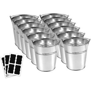 12 Metal Buckets with Chalkboard Stickers, Small Galvanized Pail for Party and Wedding, 5 Inch Tin Buckets, Garden Planters, (tie Tong)