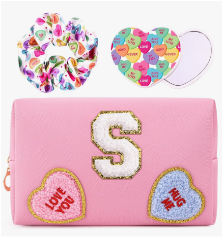 2 x Initial Makeup Bag with Mirror & Hair Scrunchies, Personalized Monogram Custom Cosmetic Bag Travel Toiletry Pouch, Birthday Gifts for Her Women Bridesmaid Teacher (S)