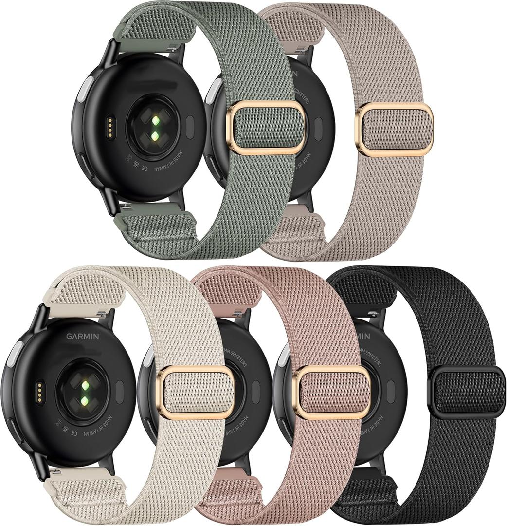 5 Pack Nylon Watch Bands Compatible with Garmin Venu 3/2/Venu 4(45mm),Forerunner 265/255(46mm)/570-47mm/Vivoactive 4(45mm),22mm Soft Stretchy Sport Replacement Strap for Amazfit Bip 6/5 (black/rose pink/cactus/starlight/stone)