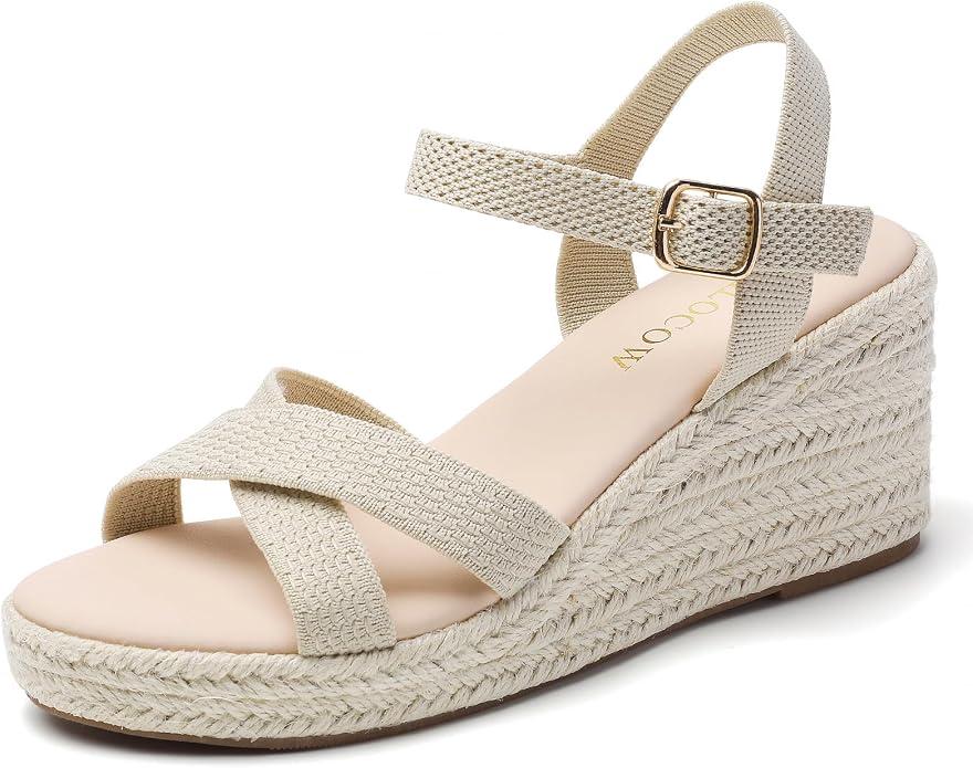 Tilocow Espadrilles Wedges for Women Knit Platform Heels Open Toe Ankle Strap Sandals Beach Casual Dress Shoes 9.5