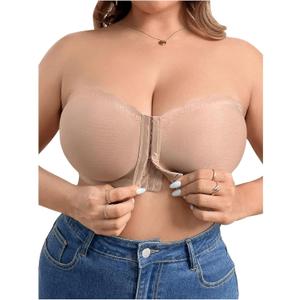 OYOANGLE Women's Plus Size Front Closure Push Up Strapless Bandeau Bra Wireless Tube Bralettes with Clear Strap (Beige)