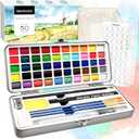 Watercolor Paint Set 50 Colors, Travel Watercolor Set with Portable Carrying Case, Papers, Brushes and Accessories, Ideal for Artists, Amateur Hobbyists and Painting Lovers (36 Regular + 10 Metallic +4 Fluorescent)