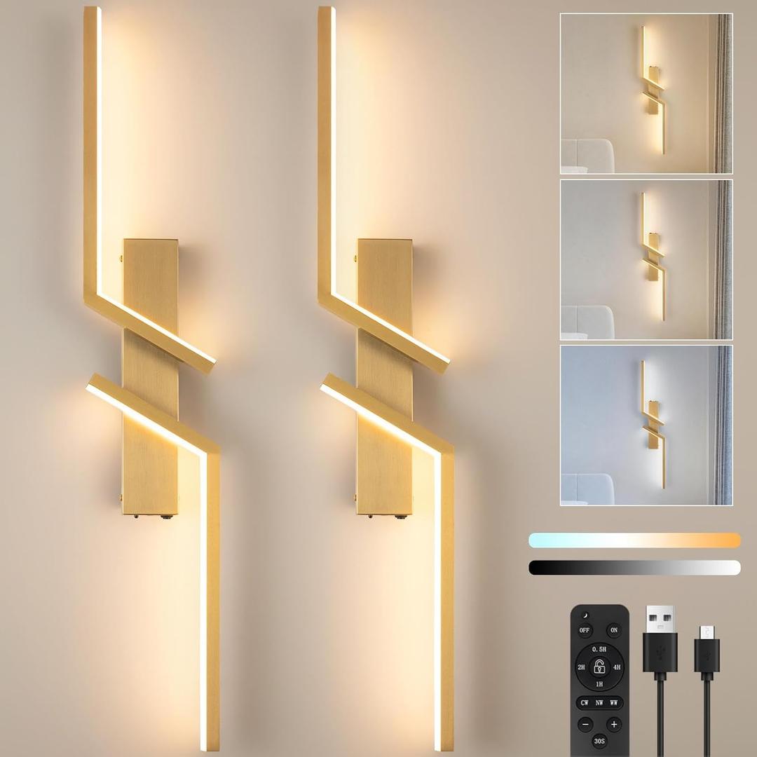 Modern Battery Operated Wall Sconce Set of Two, Wireless Wall Sconce with Remote Control, Gold Rechargeable Sconces 3000K-6500K, indoor not hardwired LED Wall Lights for Living Room, Hallway, Bedroom