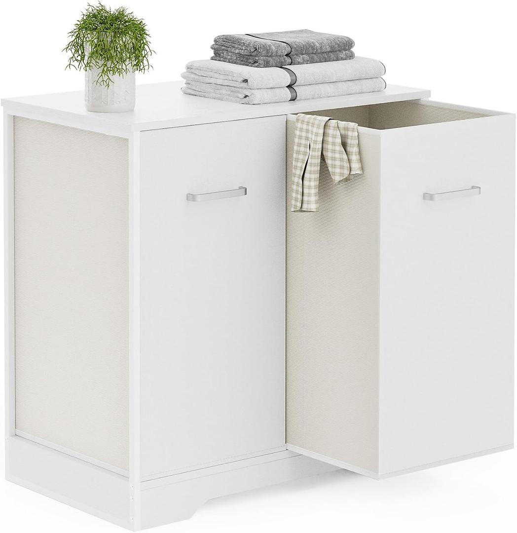 Double Pull-Out Laundry Hamper Cabinet; 90L Laundry Basket for Bathroom,Laundry Room; Laundry Sorter with 2 Pull-Out and Removable Bags (White)