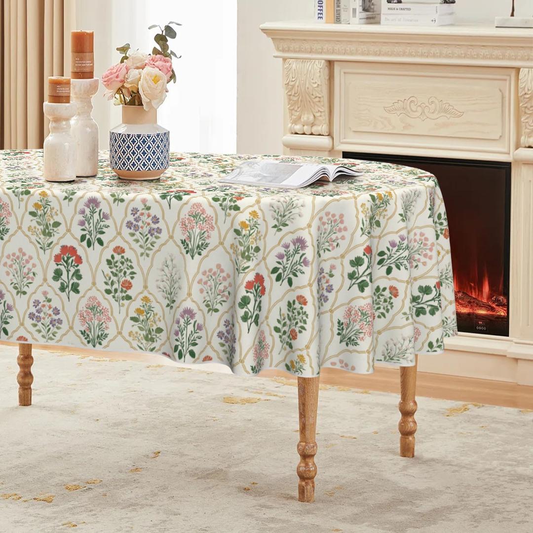 Horaldaily Spring Tablecloth 6084 Inch Oval, Beige Vintage Art Deco Floral Washable Seasonal Table Cover for Party Picnic Dinner Decor