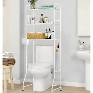 Bathroom Racks Over Toilet, Over The Toilet Shelf Organizer 3-Tier Space-Saving Freestanding Shelf with Roll Holder and 3 Hooks, Sturdy Rust-Resistant Design for Organization - White, 62" H