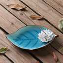 Incense Holder for Sticks, Ceramic Incense Ash Catcher Tray, Leaf-Shape Tray and Lotus Sticks Holder (Sky Blue)