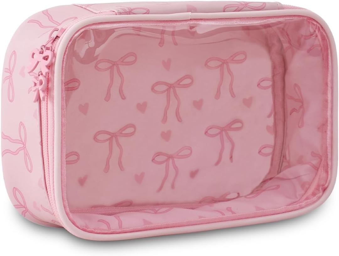 DYSHAYEN Clear Makeup Bag for Women Girls Small Travel Pink Bow Cosmetic Bag Cute Makeup Pouch for Purse Birthday Gifts for Girlfriend Mom Bridesmaid (Pink Bow C)