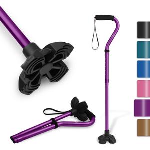 KINGGEAR F1 Walking Stick, Walking Cane for Women & Men with Wrist Strap, Lightweight & Sturdy Offset EVA Handle, Large Quad Base, Self Standing for Seniors and People with Injuries & Recovery (Purple)