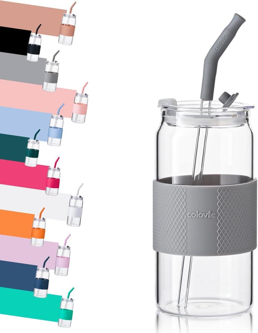 ColoVie Glass Tumbler with 3 IN 1 Lids and Glass Straws(Extra Silicone Tips), Silicone Protective Sleeve, Iced Coffee Cup, Travel Water Bottle, Soda Beer Can Cups, Hot Tea-Gray 16 Oz 6Pc