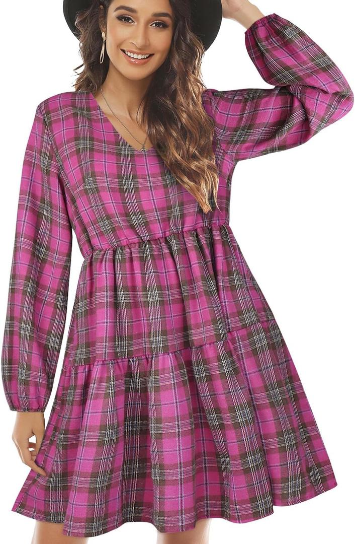 FANCYINN Womens Long Sleeve Buffalo Plaid Shift Tunic Dress Ruffle Hem Vneck Casual Swing Babydoll Mini Dress with Pockets (X-Small, Rose Red Plaid)