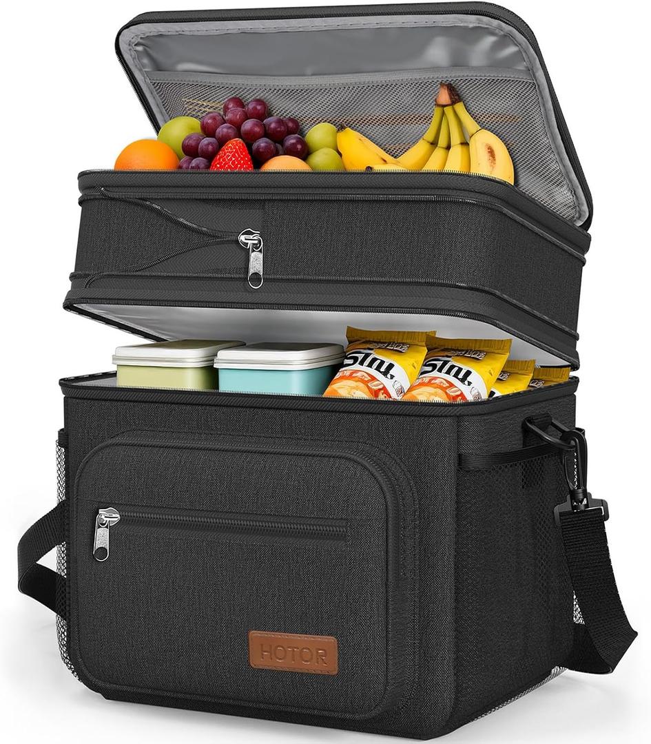 HOTOR Lunch Box for Men & Women - Double-Layer Insulated Lunch Bag with Leakproof Liner, Portable Cooler for Work, Travel, or Picnic, Black, 12L, 11.1" x 9.7" x 6.7"