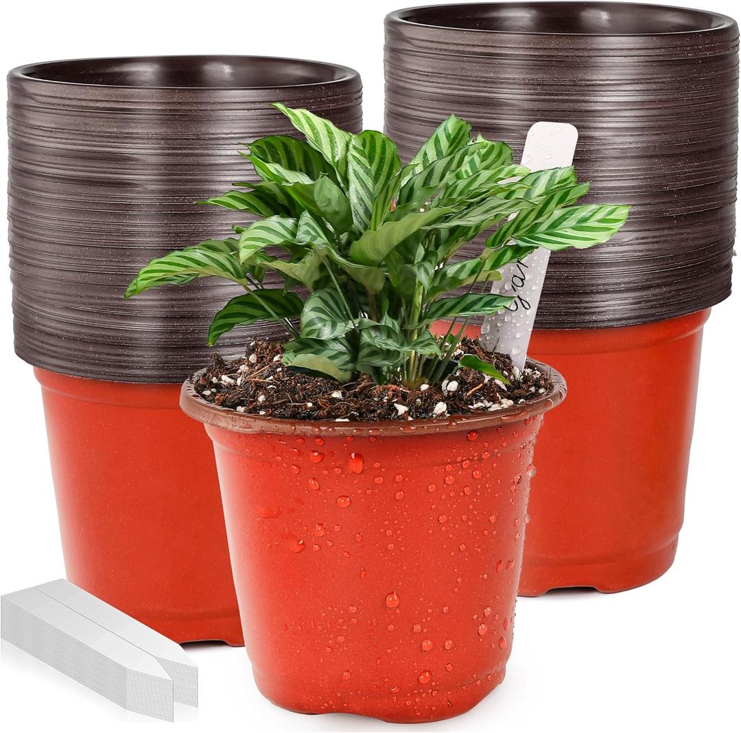 Plant Nursery Pot/Pots 100 Pcs 4" Plastic Small Plants Pots Flower Pots Seed Starting Pots for Plants Indoor Outdoor Seedling pots (with 100 Plant Labels)