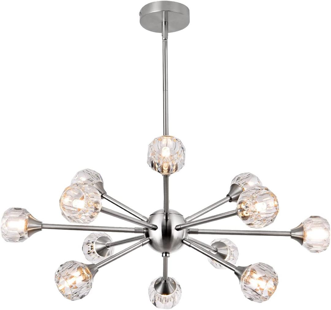 Modern Sputnik Crystal Chandelier Brushed Nickel Chandeliers 12-Lights Crystal Pendant LightCeiling Light Fixtures for Dining Room Bedroom Living Room G9 Bulbs