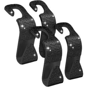 Sparkling Car Seat Hooks, 4 Pack, Black Purse Holder for Car Headrest, Chic Automotive Accessories for Women Essentials Handbag Clothes Coats Grocery Bags (Shadow Gem)