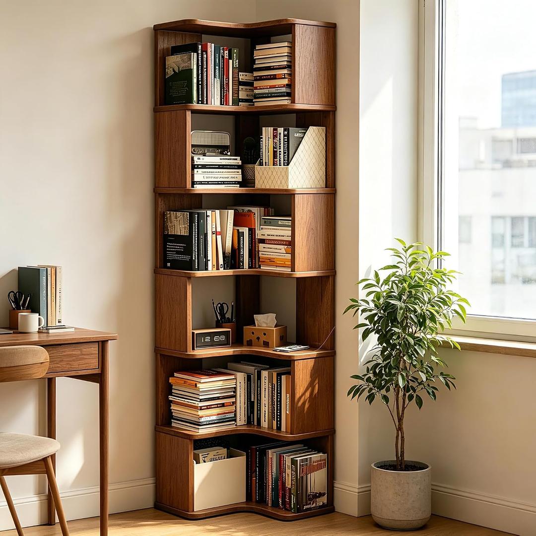 Solid wood Corner Book Shelf,6-Shelf L Shaped Corner Bookshelf with Baffle, 18.9 Inches D X 18.9 Inches W X 75.0 Inches H