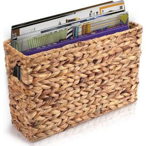 Yesland Hand-Woven Narrow Water Hyacinth Holder Wicker Basket, 15.5 x 5.5 x 9.75 Inch Decorative Magazine Storage Basket Bin for Home, Office, Desk