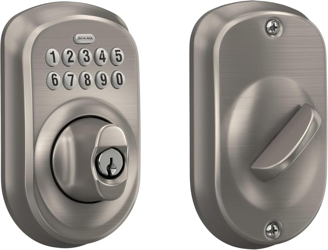Schlage BE365 PLY 619 Plymouth Keypad Deadbolt, Electronic Keyless Entry Lock, Satin Nickel