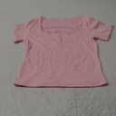 Women Y2K Short Sleeve Button Up Lace Patchwork Crop Tshirt Tops Slim Fit Scoop Neck Henley Summer Girl Tee (Large, Pink)