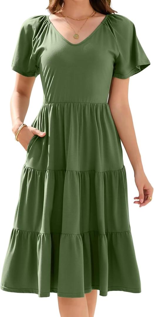 Women Summer Dress 2025 Short Sleeve V Neck Midi Dresses Breathable Cotton Casual Boho Beach Vacation Sundress (Green, S)