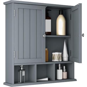 ChooChoo Bathroom Cabinet Wall Mounted 2-Door with 3 Open Shelves, Wooden Medicine Cabinets with Adjustable Shelf, Space Saver Storage Cabinets Over The Toilet for Bathroom&Living Room, Grey, 5.1"d X 21.5"w X 22"h