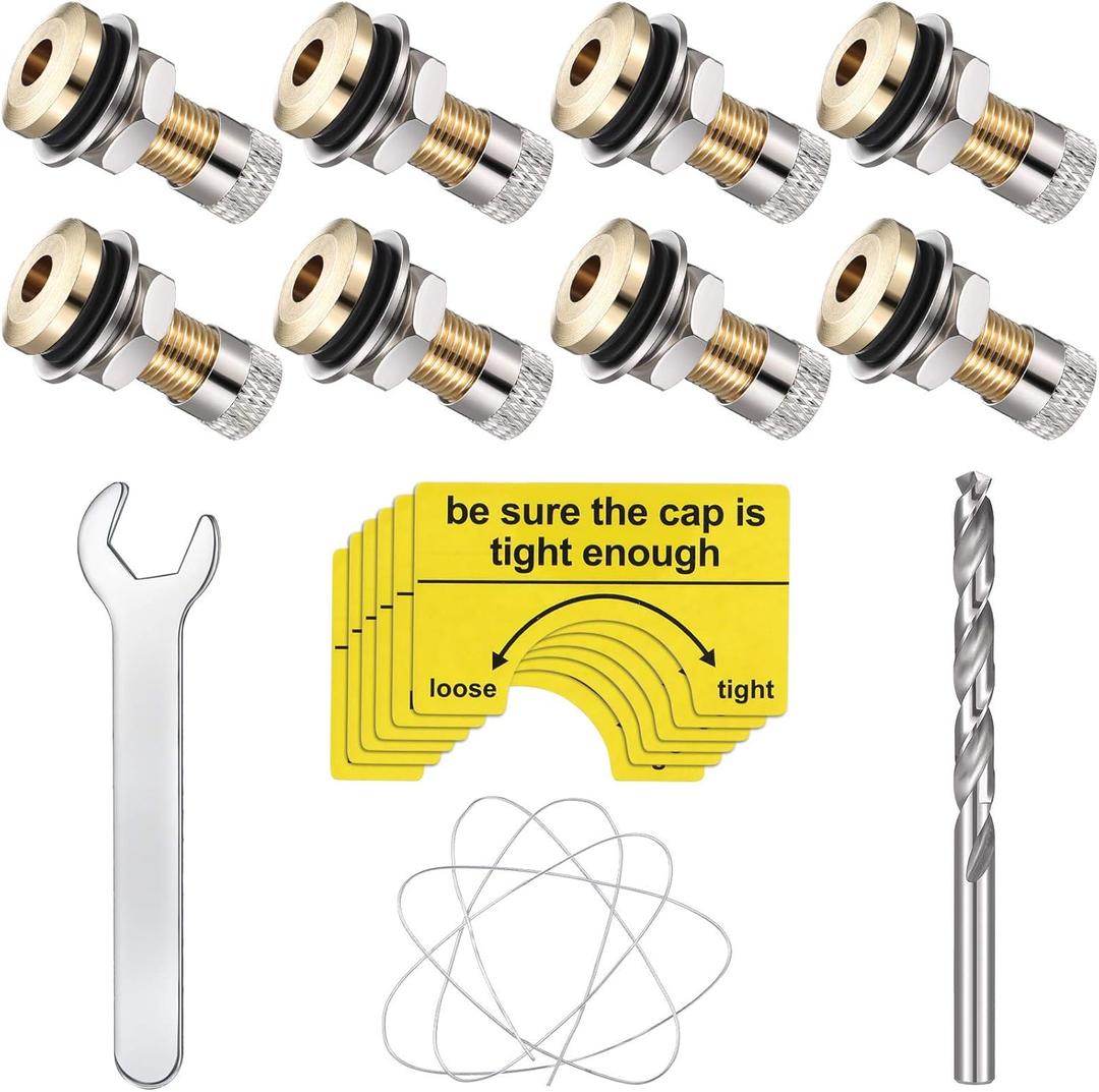 19 Pieces Fuel Gas Can Vent Caps 8 Pieces Fuel Gas Tank Vent Caps Replacement Plug with Drill, Wire, Wrench and Warning Stickers(Silver)
