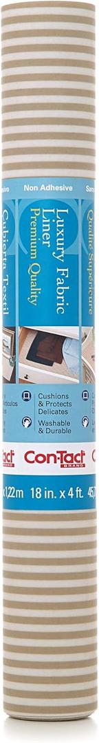 Con-Tact Brand Luxury Fabric Liners, Non-Adhesive Drawer and Shelf Liner, Multi-Functional Protective Liner, 18" x 4', Pajama Stripe Tan, Pack of 1 Roll