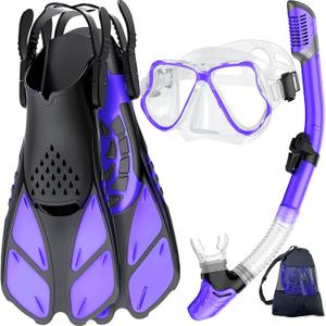 Zenoplige Mask Fins Snorkel Set, Snorkeling Gear for Adults, Panoramic View Snorkel Mask Anti-Fog, Adjustable Dive Flippers, Dry Top Snorkel and Travel Bag, Scuba Gear for Swimming Snorkeling Diving (Small-Medium, Transparent Purple)