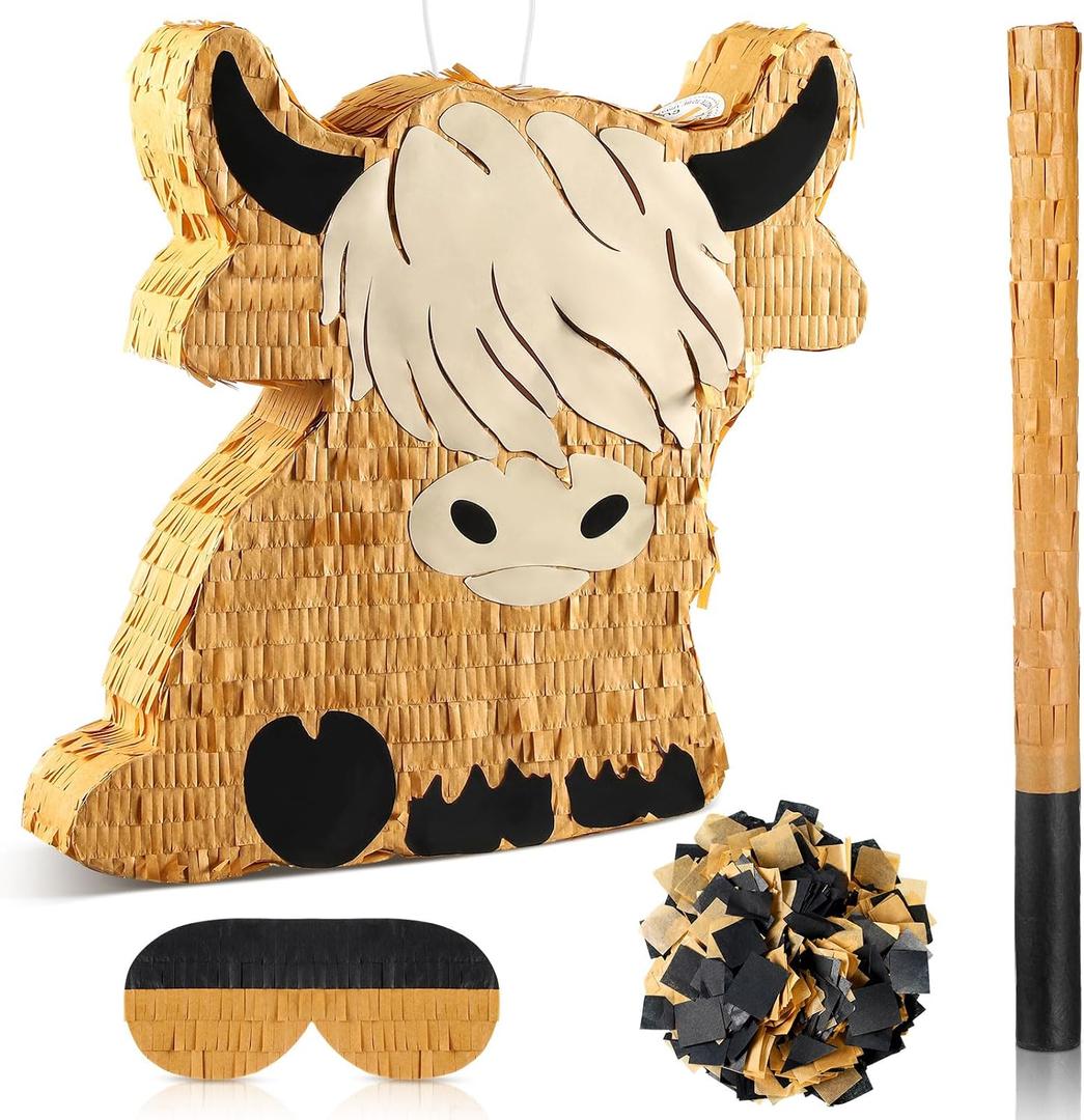 Sratte Cute Highland Cow Piata Party Supplies Piata with Blindfold Bat Confetti Highland Cow Decorations for Theme Birthday Party Supplies, 15.75 x 14.37 x 2.76 Inch
