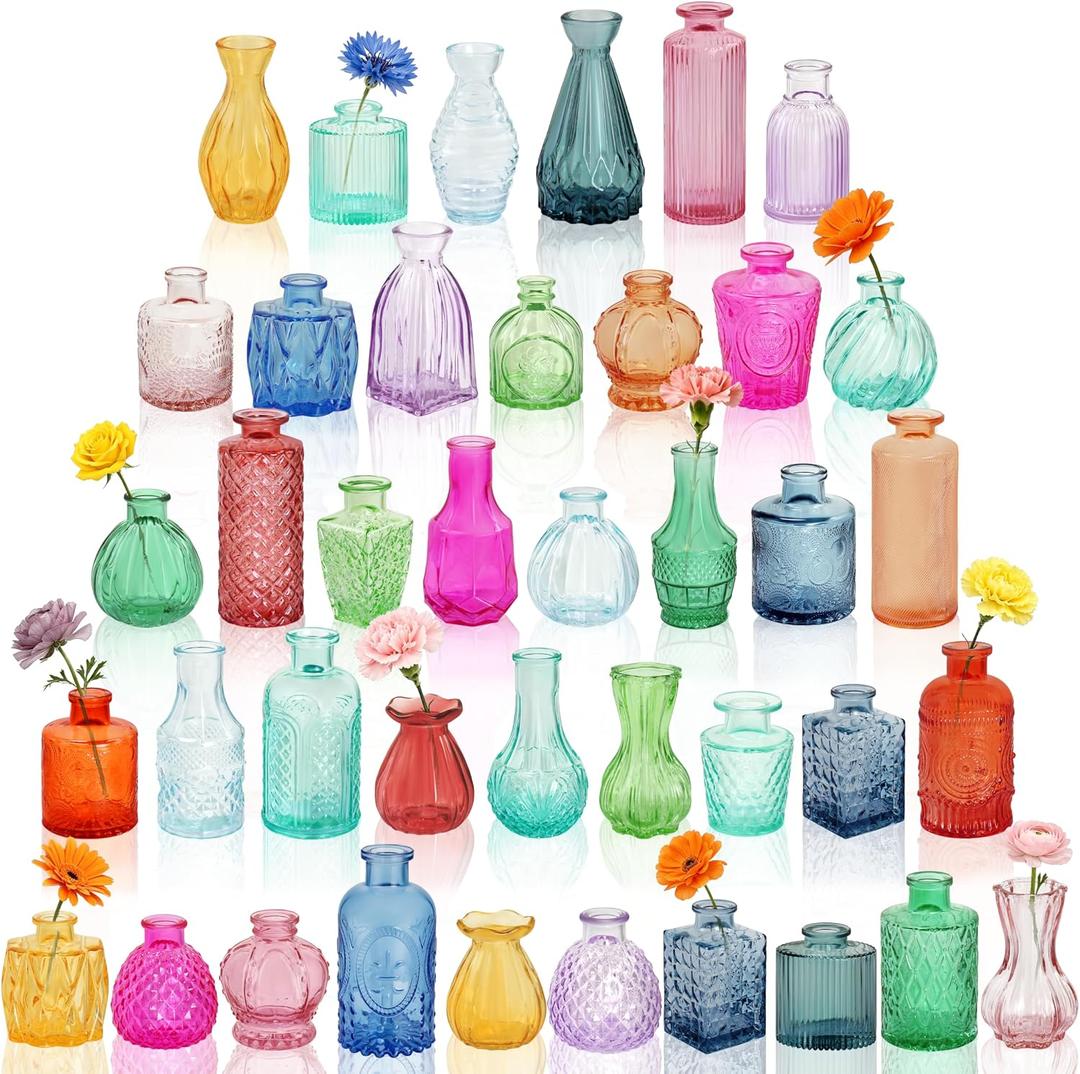 Glass Bud Vases in Bulk Small Mini Colorful Colored Vase for Flowers 40pc