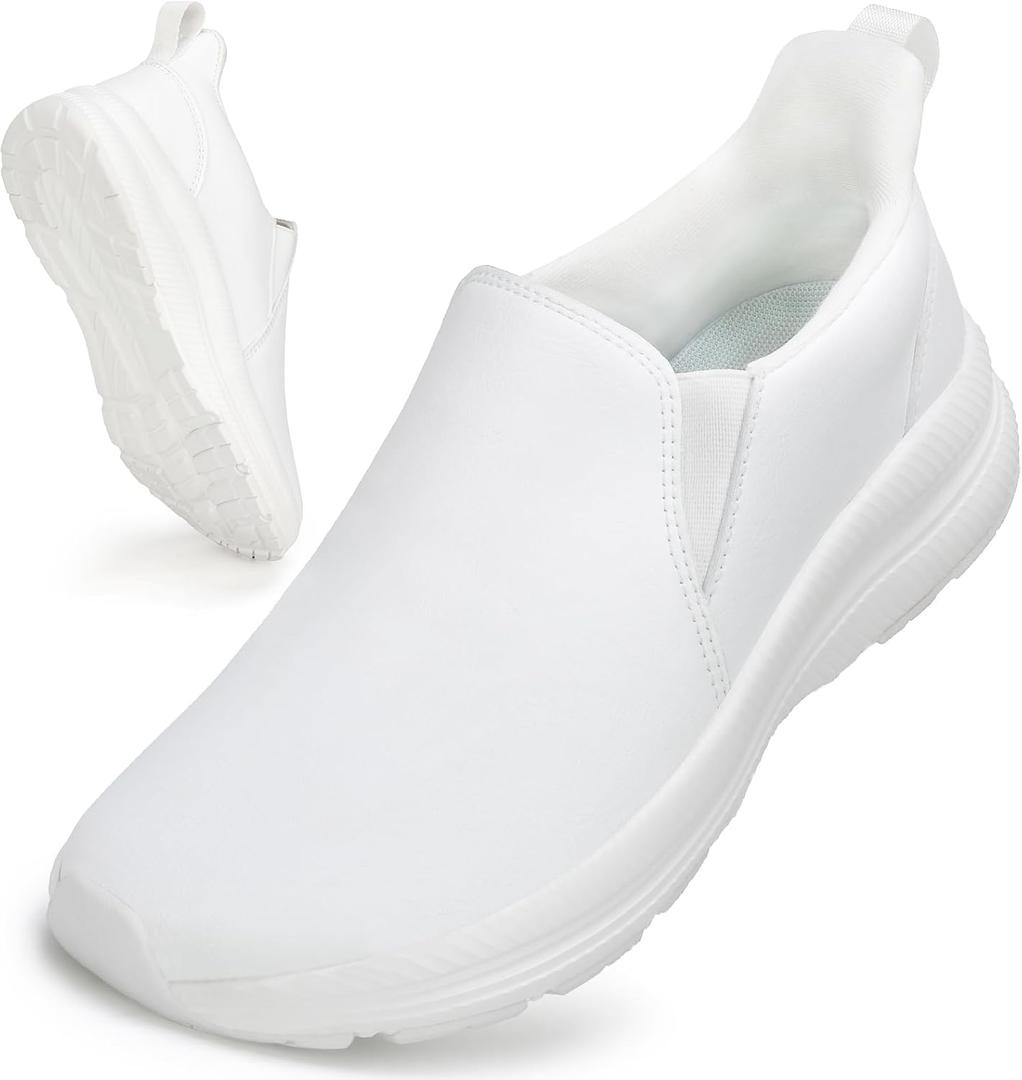 ZOVE Wide Toe Box Shoes Women Wide Width Waterproof Leather Hands Free Nursing Sneakers Ultra Light Extra Wide Walking Sneakers Non-Slip Chef Diabetes Nurse Work Shoes (White)