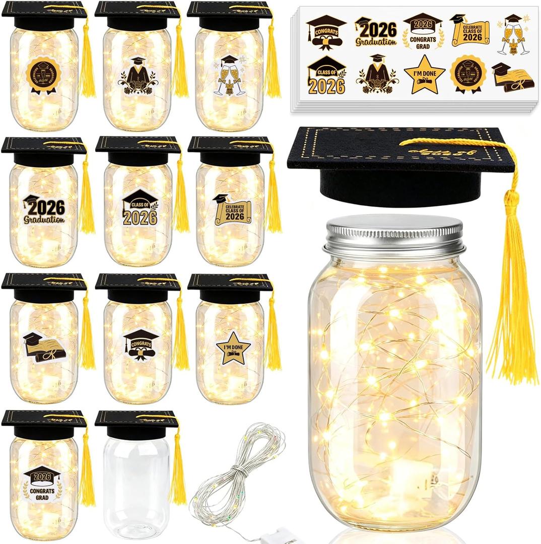 20 Set 2026 Graduation Table Centerpieces Light Up Mason Jar Class of 2026 Graduation Table Decoration Small Bottles with Grad Hats Money Gift for High School College Grad Party Prop, Black